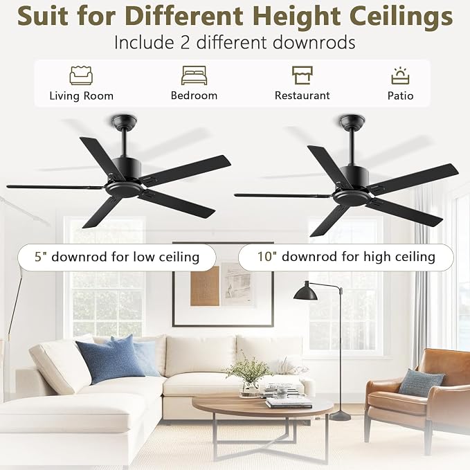Obabala Outdoor Ceiling Fan No Light, 42 Inch Black Modern Ceiling Fan Without Light, Dual Finish 5 Blades,6 Speed, Reversible Quiet DC Motor for Patios, Garage, Bedroom, Porch