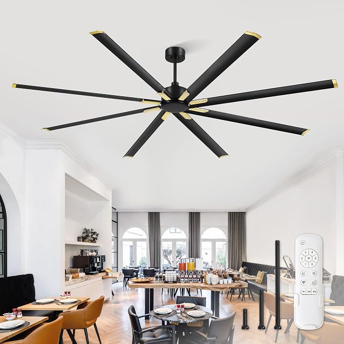 ZMISHIBO 96 Inch Industrial DC Motor Ceiling Fan, Large Ceiling Fan with 8 Reversible Blades, 3 Downrods, 6-Speed Remote Control, Home or Commercial Ceiling Fans for Porch/Garage/Shop, Black and Gold