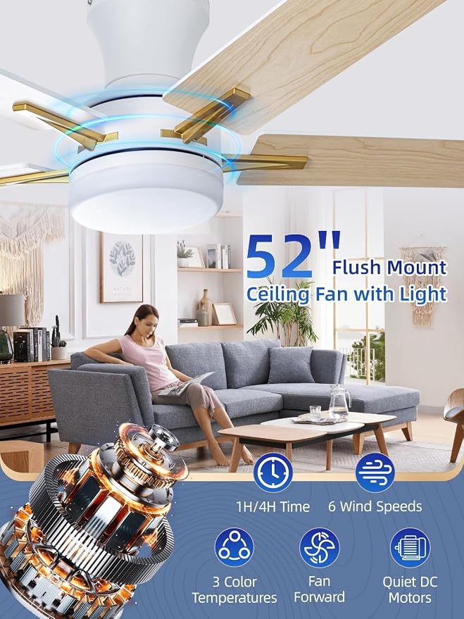 LANMEL 52 Inch Flush Mount Ceiling Fan with Light, App&Remote Control, Low Profile Modern Ceiling Fan, 6 Speed, Reversible, 3000k-6500k Dimmable LED, Quiet DC Motor for Indoor Outdoor, Gold White