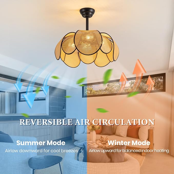 Rattan Fandelier Ceiling Fans with Lights,Boho Black Chandelier Ceiling Fan with Light Remote Flush Mount Chandelier Ceiling Fan with 6 Speeds Fandelier for Bedroom Living Room Kitchen 26inch