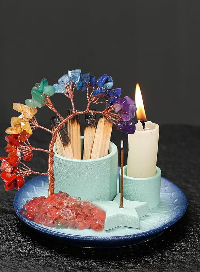 Dreamgirnh Multifunction Incense and Candle Holde, Crystal Tree Palo Santo Burning Sage Burner, Smudge Bowl Ash Catcher, Coffee Table Centerpiece Decor for Living Room, Women Gifts for Christmas