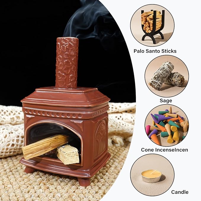 MOUGIGI Palo Santo Burner Holder-Ceramic Mini Chiminea, Incense Chimney-Style Burning Smudge Bowl for Sage, Incense Cones, Incense-Stick Fits Small Candle-Ideal for Home Altar, Zen/Meditation