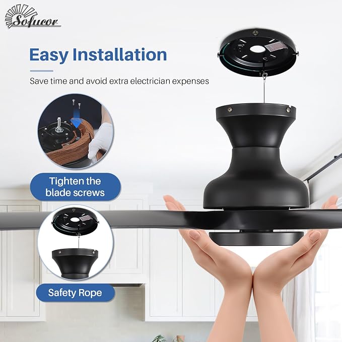 Sofucor 52 Inch Low Profile Ceiling Fan with Light, Flush Mount Outdoor Black Ceiling Fan with Remote for Bedroom Living Room Patio, Dimmable LED High Airflow Quiet Reversible DC Motor