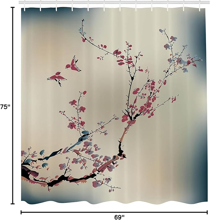 Ambesonne Nature Shower Curtain, Flowers Buds and Birds with Cherry Branches Style Artwork Painting Effect, Cloth Fabric Bathroom Decor Set with Hooks, 69" W x 75" L, Dried Rose