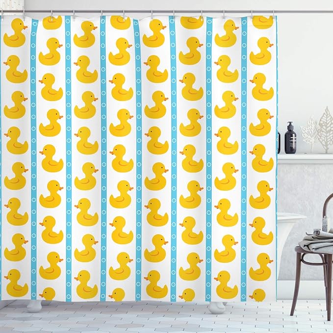 Ambesonne Rubber Duck Shower Curtain, Duckies on Stripes and Small Circles Play Pattern Print, Cloth Fabric Bathroom Decor Set with Hooks, 69" W x 75" L, White