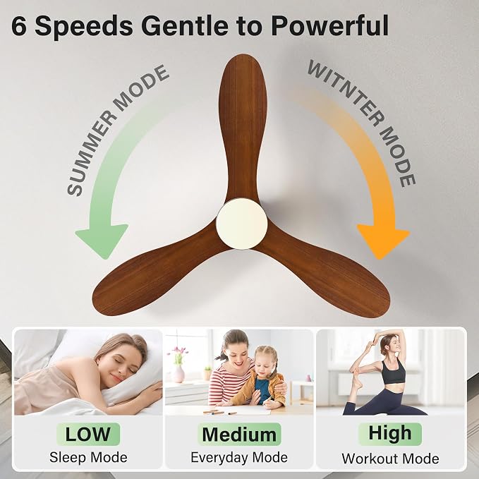 42 Inch Wood Ceiling Fans with Lights Remote,Smart Control via Alexa,APP,Quiet DC Motor,Dimmable,Outdoor Indoor, Flush Mount Hugger Modern Ceiling Fan for Low Profile Bedroom,Patio,Walnut Brown& Black