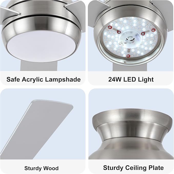 42 Inch Low Profile Ceiling Fan with Light, Brushed Nickel | Flush Mount,Remote Control,Reversible DC Motor,Wood Blades,6 Speed,3CCT Dimmable for Bedroom,Living Room