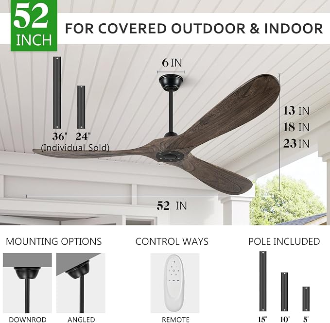 Eliora 52" Ceiling Fans Without Lights, Wood Ceiling Fan no Light with Remote, Large Outdoor Ceiling Fan for Patio, Porch, Bedroom, 6 Speed, Quiet DC Motor, ETL Listed-Deep Brown