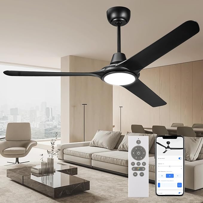 56" Ceiling Fans with Lights,Low Profile Ceiling Fan with Lights and Remote Control,Smart Ceiling Fan,Noiseless Reversible DC Motor,3 Blade Black Ceiling Fans,Ceiling Fan for Indoor/Outdoor