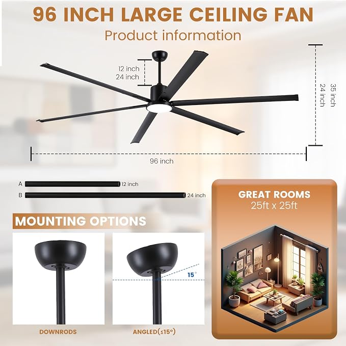 Newday 96" Large Industrial Ceiling Fan, 11500 CFM High Volume Low Speed (HVLS) Fan, DC Motor with 6 Aluminum Blades, Reversible Modern Fan with Light for Commercial Shop, Barn, Patio, Black