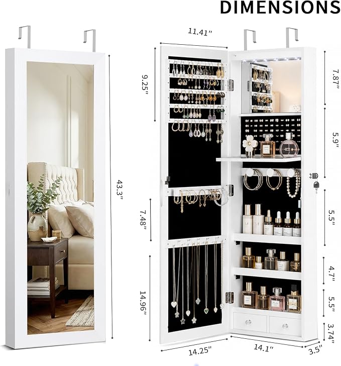 Over the Door Jewelry Organizer, Wall Mounted Jewelry Cabinet, Hanging Mirror with Storage Box, Wall/Door Mounted Full Length Mirror with LED