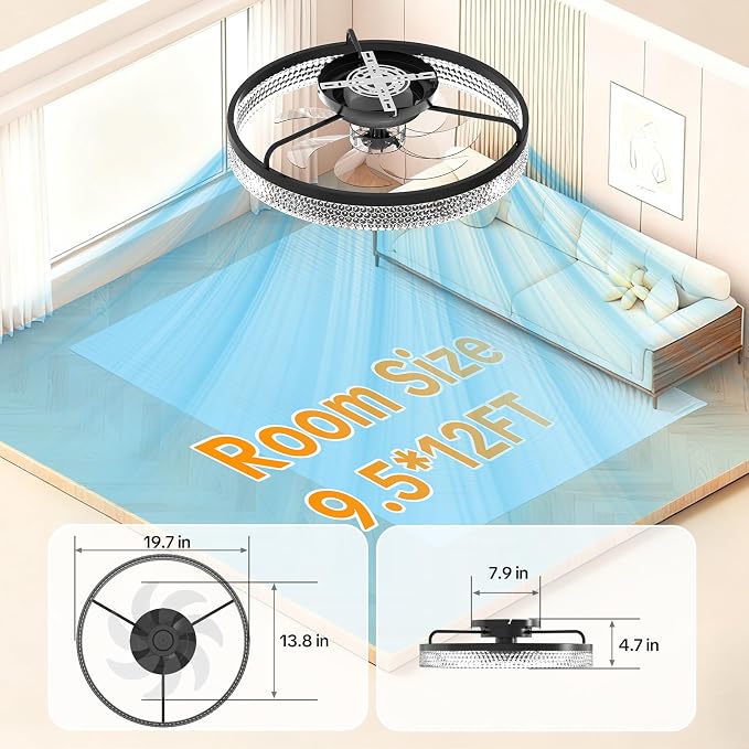 20" Ceiling Fan with Lights, Flush Mount Ceiling Fans, Ceiling Fans with Lights and Remote, 6 Speeds Dimmable Ceiling Lights with Fans, Quiet Modern Ceiling Fan for Bedroom Living Room