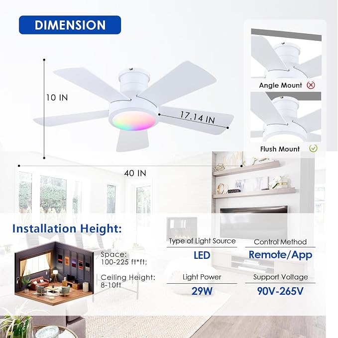Hounberi 40" RGB Ceiling Fan with Light and Remote, White Low Profile Flush Mount Smart Fan with App Control, Quiet Reversible DC Motor, Modern Dimmable 5-Blade for Bedroom Living Room