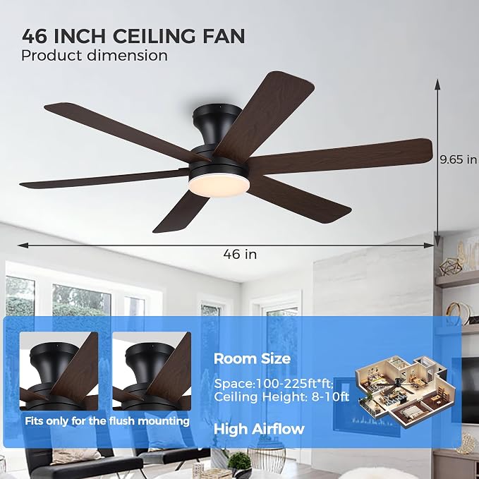 GJeg Ceiling Fans with Lights,46" Low Profile Ceiling Fan with Light and Remote Control,Flush Mount, Reversible, Dimmable, Noiseless, Brown Ceiling Fan for Bedroom