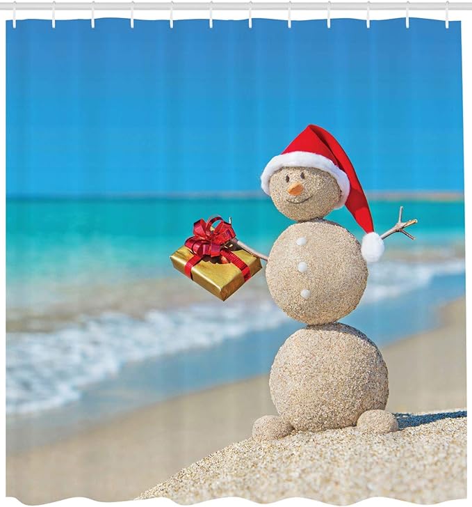 Ambesonne Christmas Shower Curtain, Sand Snowman with Santa Hat and Present Tropical Beach Australian Noel, Cloth Fabric Bathroom Decor Set with Hooks, 69" W x 75" L, Blue and Vermilion