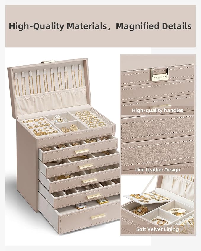 VLANDO 6 Layer Large Jewelry Box - Jewelry Holder Organizer, Jewelry Box Organizer for Drawer Necklace Ring Bracelet and Watch, Birthday Gift for Loved Ones - Toffee
