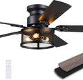 JSAITEE 52in Flush Mount Farmhouse Ceiling Fan with Lights, Caged | Low Profile Fan Light with E12 Base(Bulbs Not Included), 6 Speeds Adjustable&Timer, Rustic Lighting Fan for Indoor/Outdoor