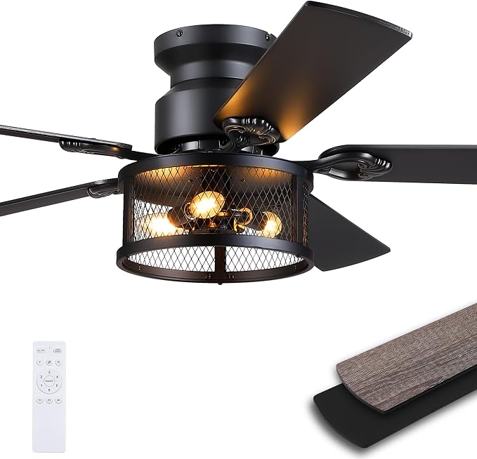 JSAITEE 52in Flush Mount Farmhouse Ceiling Fan with Lights, Caged | Low Profile Fan Light with E12 Base(Bulbs Not Included), 6 Speeds Adjustable&Timer, Rustic Lighting Fan for Indoor/Outdoor