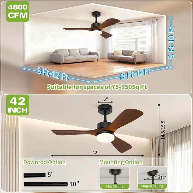 42 Inch Ceiling Fans with Lights and Remote Control, Walnut Ceiling Fan with Light for Bedroom, Living Room, Covered Outdoor, 6 Speeds Reversible Noiseless DC Motor, 3CCT, Dimmable LED Light