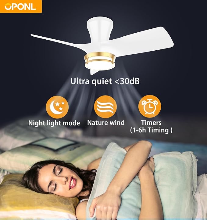 OPONL Ceiling Fan with Light, 30 inch Low Profile Ceiling fan with Light and Remote Control, Reversible, 6CCT, Dimmable, Noiseless, White Ceiling Fan for Bedroom, Indoor/Outdoor Use, Modern