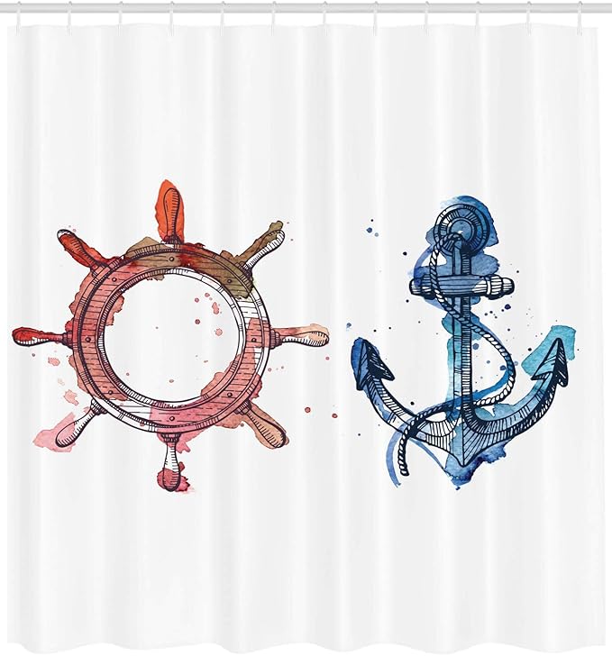 Ambesonne Nautical Shower Curtain, Illustration of an Anchor and Steering Wheel Watercolors Splashes Ink Brush Effects, Cloth Fabric Bathroom Decor Set with Hooks, 69" W x 84" L, Pink Blue