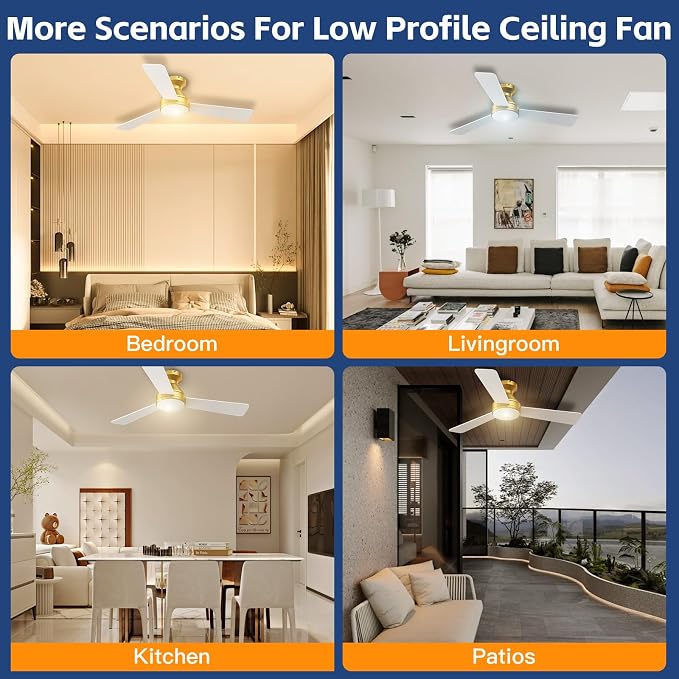Ceiling Fans with Lights, 42 Inch Ceiling Fan with Light And Remote, 3CCT Flush Moun Low Profile Ceiling Fans, 6 Speed Noiseless LED Ceiling Fan, Advanced Gold Ceilings Fan for Bedroom Living Room