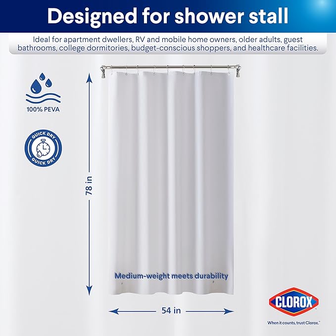 Clorox Shower Curtain Liner, Premium Medium-Weight Durable Waterproof 6g PEVA for Bathroom with Weighted Magnets, Extra Long 54" x 78", Frosty 1 Pack