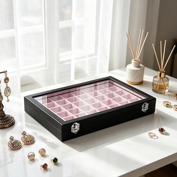 Stratalife 48 Grid Earring Organizer, Jewelry Holder Organizer with Lid | PU Leather Storage Box for Earring, Ring, Studs and Trinkets, Soft Velvet Drawer Organizer for Women, Dustproof, Pink Black