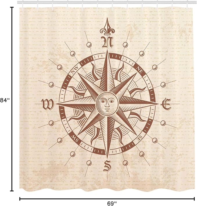 Ambesonne Compass Shower Curtain, Old Compass Rose a Sun Face Lady on It Instrument Distances Between Points Graphic, Cloth Fabric Bathroom Decor Set with Hooks, 69" W x 84" L, Tan Brown