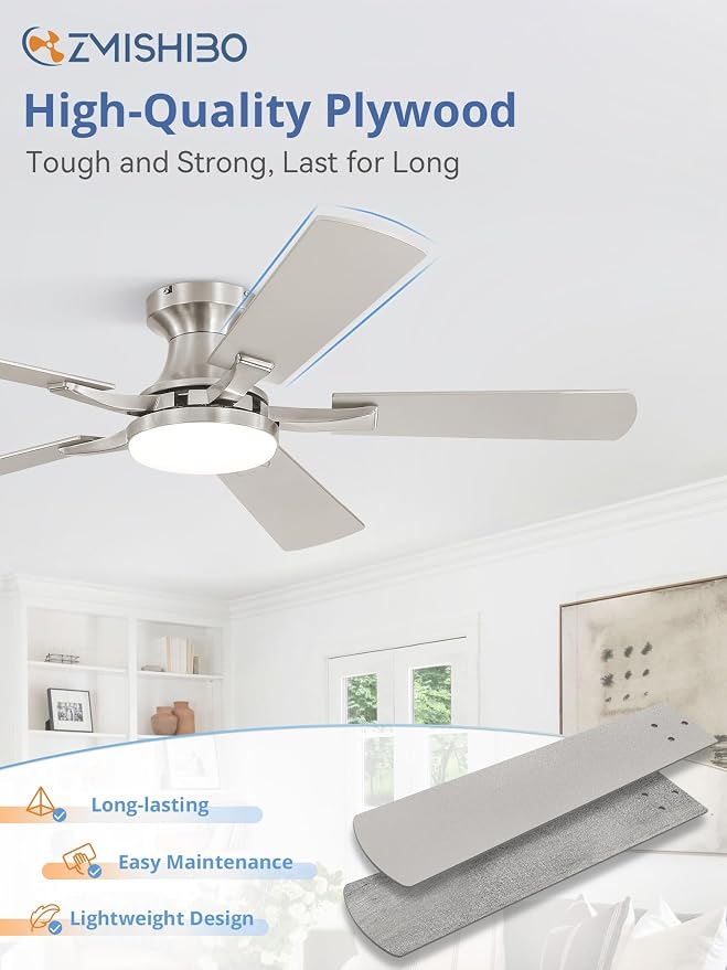 ZMISHIBO 42 Inch Ceiling Fan with Light, App&Remote Control, Flush Mount Low Profile, Dimmable 20W LED Light, Quiet Reversible Motor for Bedroom, Living Room, Apartment, Nickel