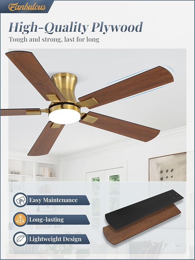Fanbulous 52 inch ceiling fan with light, Low Profile Ceiling Fan with Light, App&Remote Control, Dimmable LED Light, Flush Mount Ceiling Fan for Indoor Bedroom Living Room, Qiuet DC Motor