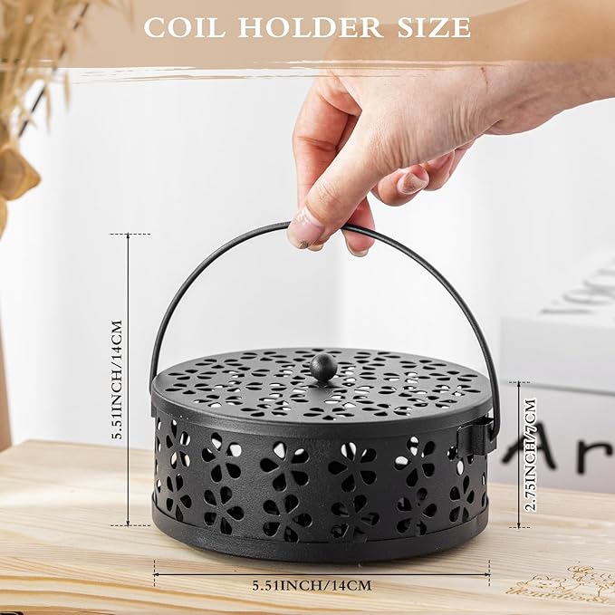 Lallisa 4 Pieces Mosquito Coil Holder Incense Coil Holder Retro Portable Metal Hanging Incense Burner with Handle Round for Home Camping Indoor Outdoor Patio(Black)