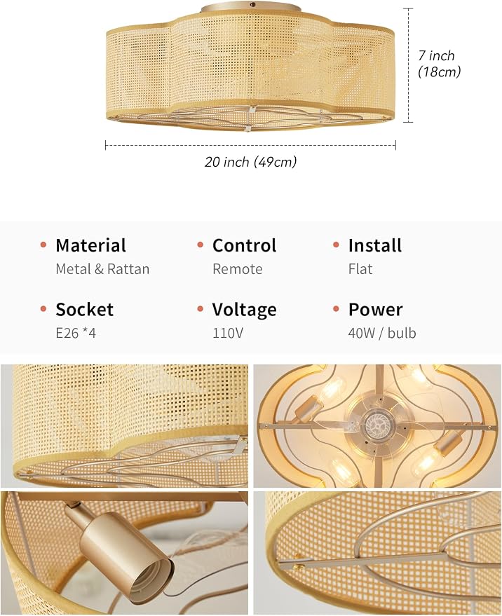 Boho Ceiling Fans with Lights, 20" Low Profile Ceiling Fan with Light Remote Control, Bladeless Flush Mount with 6 Speeds for Bedroom, Nursery, Living Room.