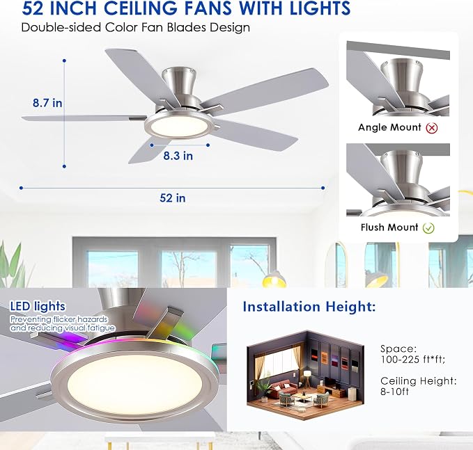 BYKISTOK 52" RGB Ceiling Fan with Light and Remote/App - Flush Mount Ceiling Fan Light with Reversible Mute Motor, RGB Ring, 5 Dual-Sided Blades, Low Profile Ceiling Fans for Indoor, Party