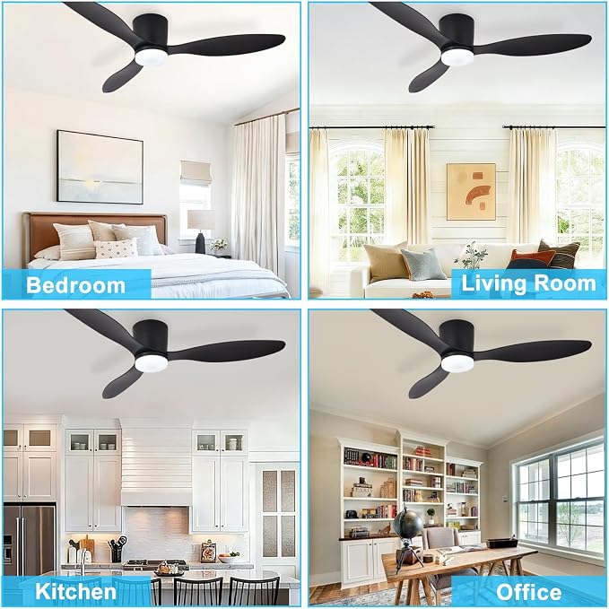 Depuley Flush Mount Ceiling Fan: 52-Inch Black Ceiling Fans with Lights for Bedroom Indoor Outdoor - Low Profile Ceiling Fans with Remote Control 24W 3CCT Dimmable 3 Reversible Black Blades 6 Speeds