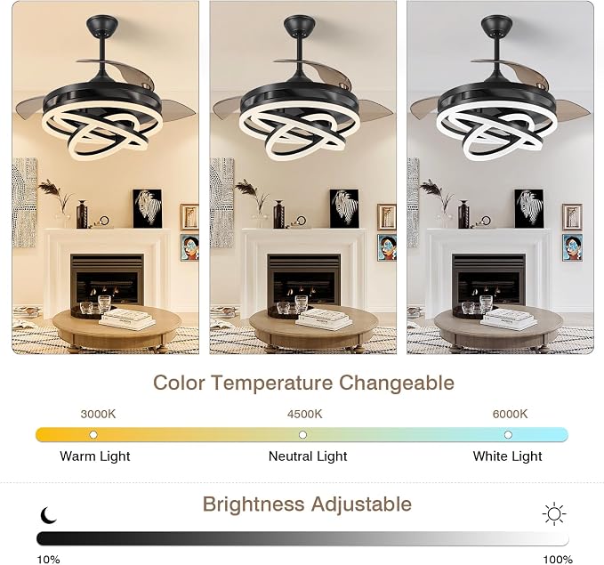 TXCSLY Retractable Ceiling Fan, 42 Inch Chandelier Ceiling Fans with Light, Modern Fandelier Ceiling Fan for Bedroom Living Room Dinning Room, Reverse Motor, 3 Color Temperature, 6 Wind Speed-Black