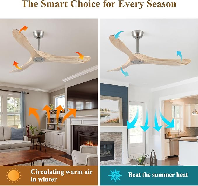 52" Modern Ceiling Fan, No Light, 6-Speed, Reversible, Timed Shutdown, DC Motor, Natural Wood 3 Blade, Porch, Bedroom, Living Room