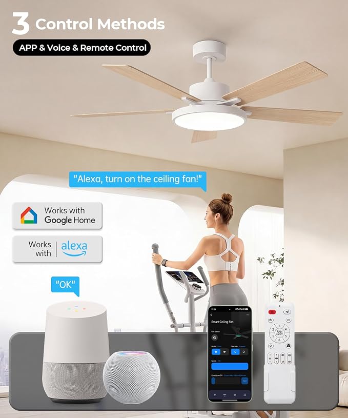 Smart Ceiling Fan with Light,RGBCW 52" Low Profile Ceiling Fan with Light and Remote,Alexa/Google/App Control,Reversible DC Motor,Dimmable,2500lm,Quiet Fan for Bedroom,Living Room White