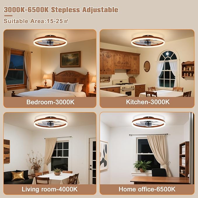 VOLISUN Farmhouse Ceiling Fans with Lights and Remote,No Assembly, 19.7in Low Profile Ceiling Fan Flush Mount, 3000K-6500K Dimmable Bladeless Fandelier Ceiling Fans with Lights for Bedroom(Walnut)