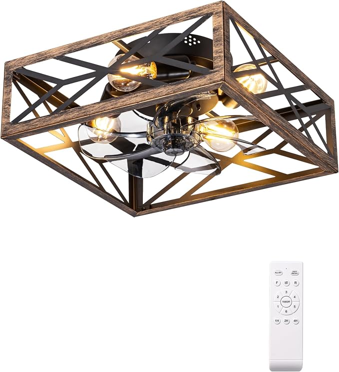 EDISHINE Caged Ceiling Fans with Lights Flush Mount, Rustic Square Low Profile Enclosed Fan Ceiling with Remote, 2/4 H Timer, Reversible 6 Speed, Farmhouse Small Fan for Bedroom, Kitchen, Dining Room