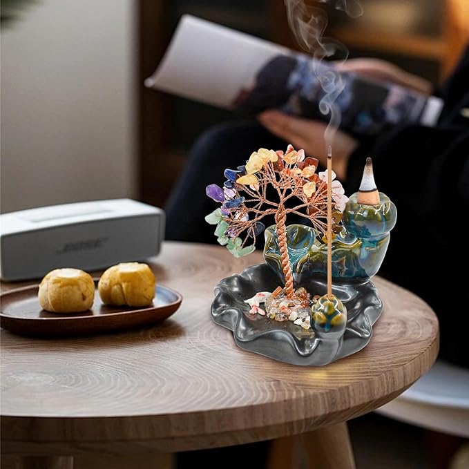 Backflow Incense Burner, Ceramic Incense Waterfall Burner with 7 Chakras Healing Crystals Tree Fountain Incense Holders for Yoga Meditation Home Decor