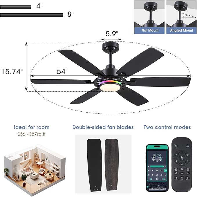 SHIHOT 54" Modern 6-Blade Black RGB Ceiling Fans with Lights and Remote | 14 RGB Modes ,6 Wind Speeds, Reversible, Dimmable 3 CCT LED, 30W Quiet DC Motor,6 Double-Sided Blades,for Bedroom Kidsroom