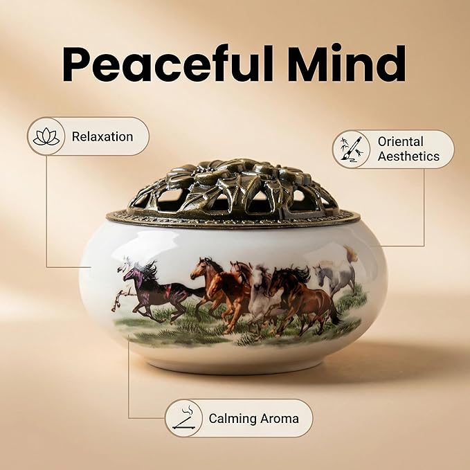 Handmade Ceramic Incense Burner with Lid, Classical Sandalwood & Incense Holder for Home, Meditation, Buddhist Decor & Zen Space