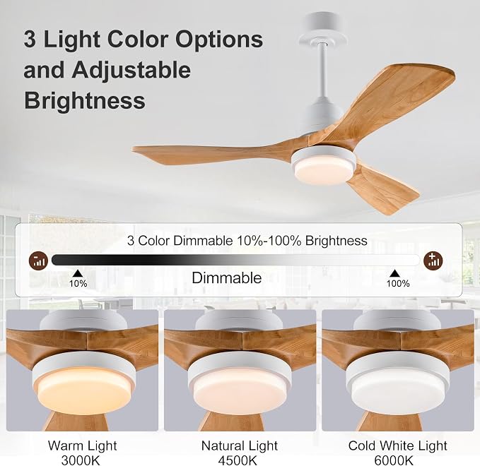 42 Inch Outdoor Ceiling Fans with Lights and Remote Control, Dimmable Outdoor Ceiling Fans for Patios 3 Blade Wood White Natural Wood Bedroom Ceiling Fan with Light, Wall Switch