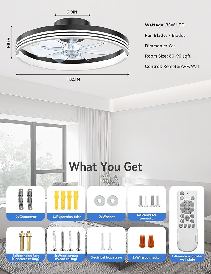 AKOFUN 18" Ceiling Fans with Lights and Remote, Low Profile Flush Mount Ceiling Fan with Light, 3000-6500K Dimmable LED Fan Light, Modern Bladeless Fandelier Ceiling Fans for Bedroom, Black Stripes