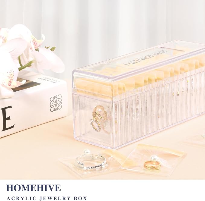 HOMEHIVE Acrylic Jewelry Box Organizer, Clear Jewelry Organizer Holder with 20 Portable Anti Tarnish Jewelry bags, Travel Jewelry Case for Earrings/Rings/Necklaces for Women Girls, Yellow