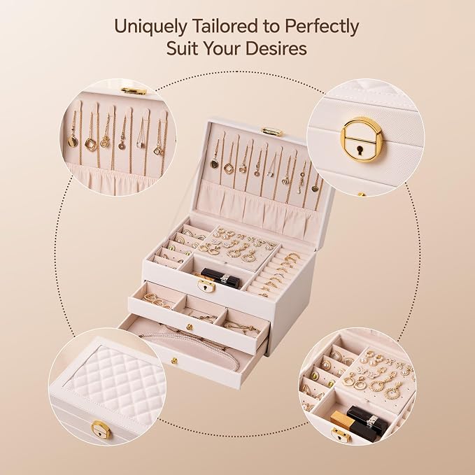 3 Layer Jewelry Box Organizer with Drawers, Lockable Holder for Women Girls | Large Capacity Storage Case with Velvet Lining, Earring Slots, Ring Cushions, Necklace Hooks, Elegant Gift for Mom