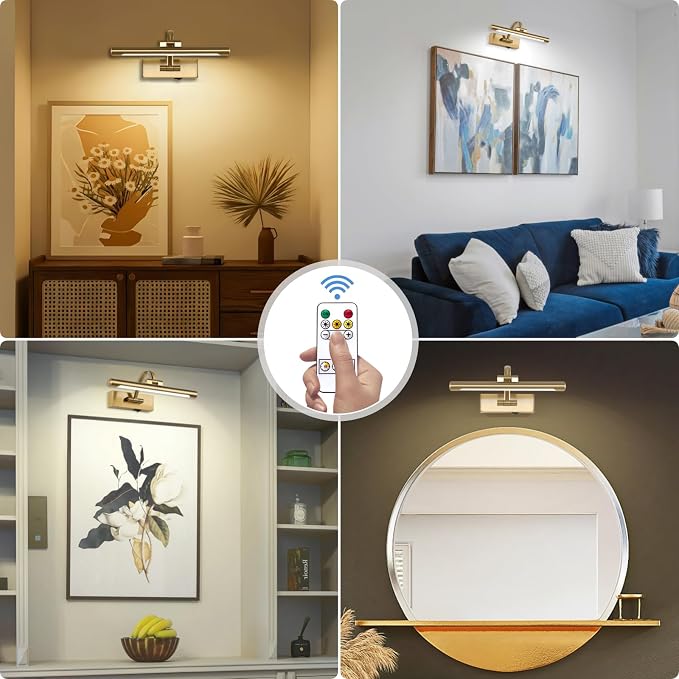 Tassuowell Rechargeable Picture Light with Remote Control,12 Inch Brass Finish Adjustable Wireless Art Lighting Fixture,Painting Lights with Timer,3 Color Temperature and Dimmable