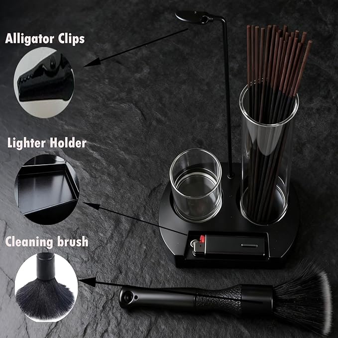 Incense Holder for Sticks 3 in 1 Glass Incense Burner with Lighter Holder and Ash Catcher Upside Down Anti-Ash Stick Holder with Storage Modern Zen Decor for Yoga Meditation Brush [Black]