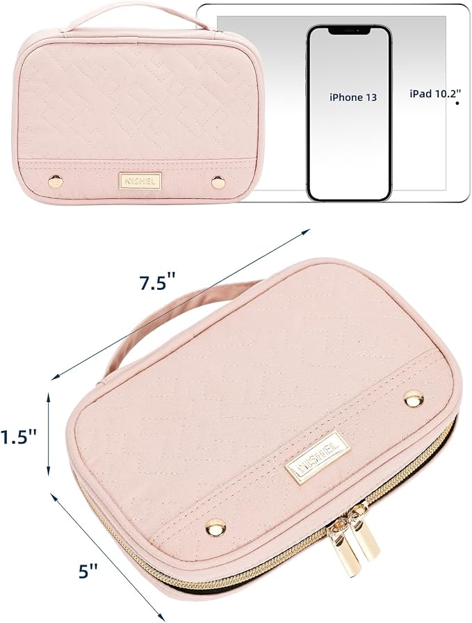 NISHEL Travel Jewelry Case Organizer, Tangle-Free Necklace Storage Bag | Stores rings, earrings, bracelets and watches in a compact case for travel, vacations and daily use, Pink, Small